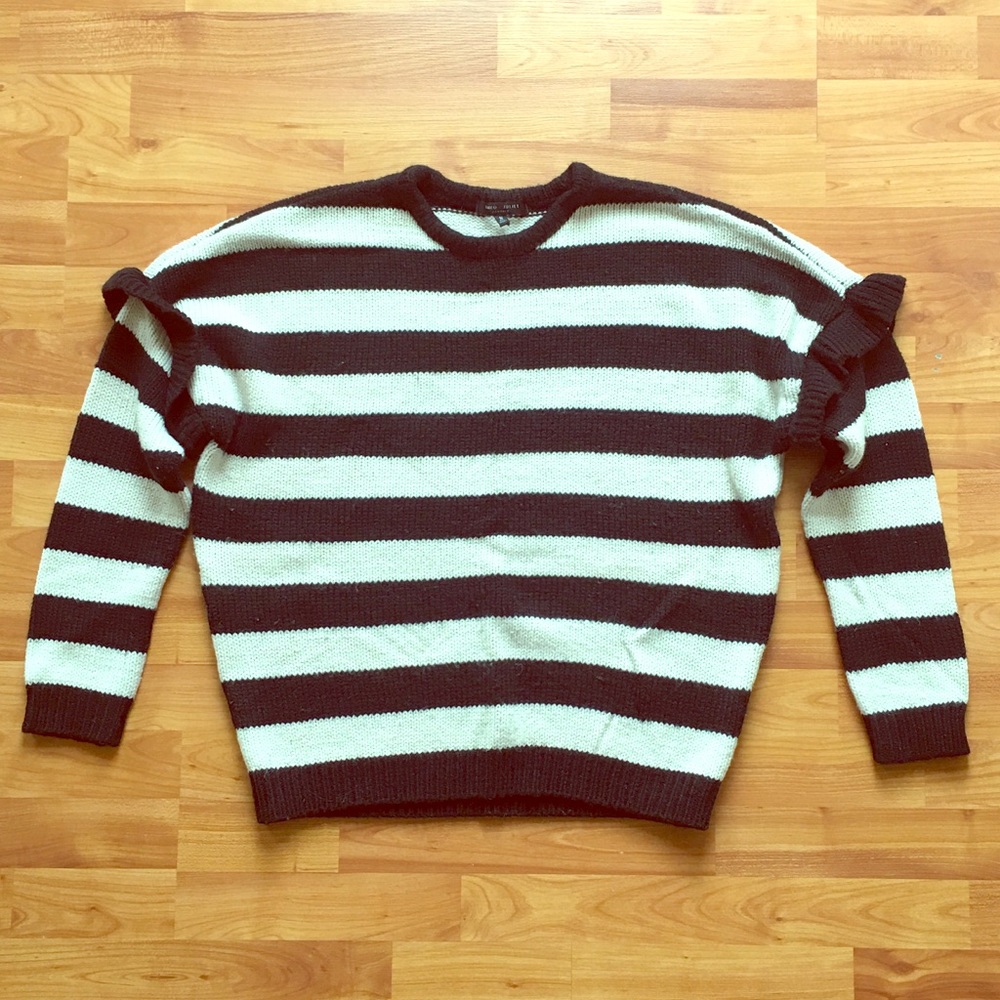 Cream and Black Striped Sweater with Ruffle Detail